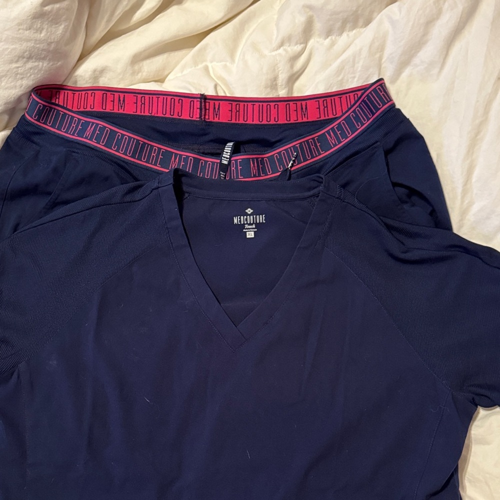 Med Couture Dark Blue Scrub Set with Pink Waistband